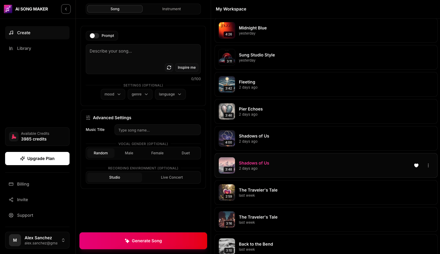 AI Song Maker Dashboard Interface